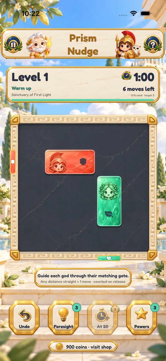 Actual Prism Nudge gameplay: a red Athena block and green Demeter block with matching exit gates