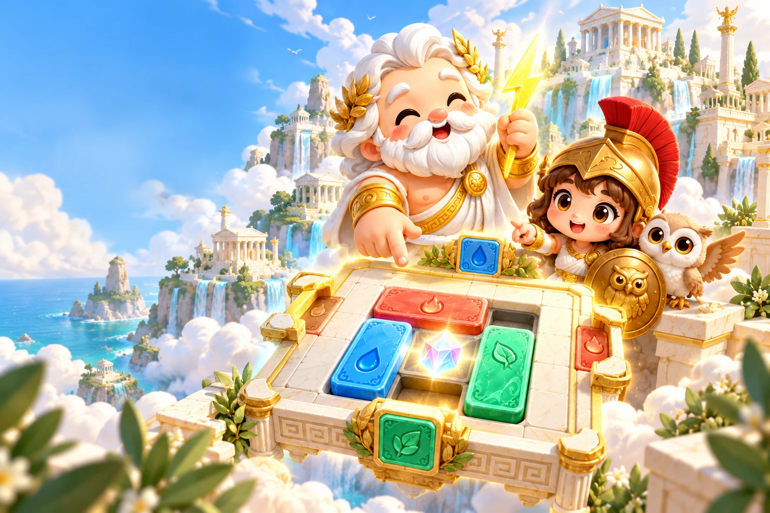 Zeus, Athena and an owl discover a colorful puzzle board among the temples of Olympus