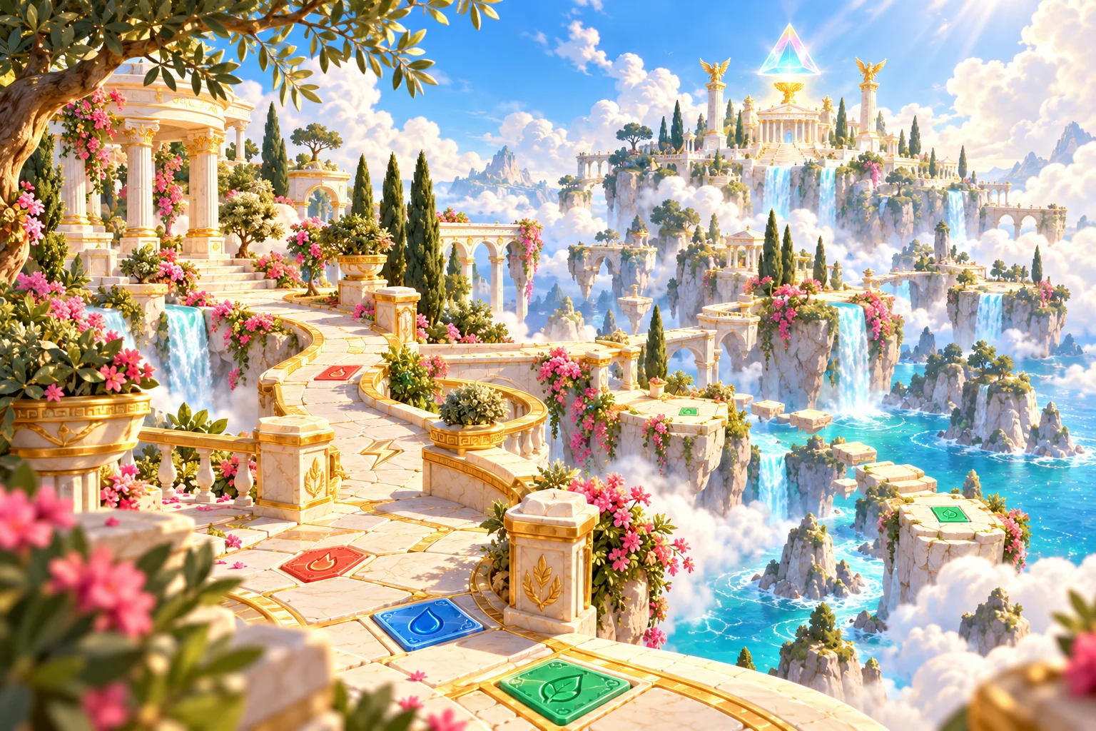 Illustrated winding marble paths and temples across floating islands in Olympus